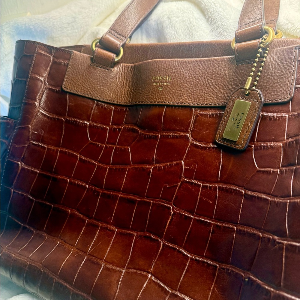 Fossil Dark Brown Croc-Embossed Handbag